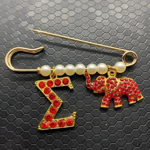 Red rhinestone inlaid metal elephant pendant brooch Greek letter SIGMA charm label sorority society jewelry pin