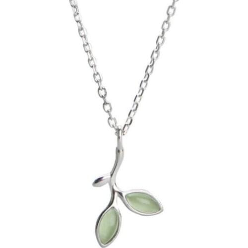 DreamySky Hot Selling Pure Silver Color Green Opal Leaf Necklaces For Women Jewelry Collar Colar Free Shipping
