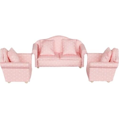 Mini Dollhouse Sofa, 1/12 Miniature Polka Dot Sofas 3-Piece Sofa Set with 4 Pillows Dollhouse Furniture for Home Bedroom