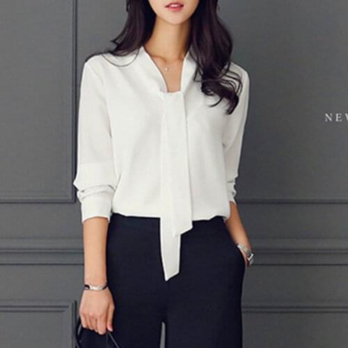 MLCRIYG Womens Tops and Blouses Long Sleeve Chiffon Blouse Women Office Lady White Blue Shirt Spring Tops YQ339
