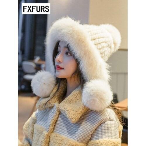 2020 Fxfurs Fashion Womens Winter New Ear Protection Fox Fur Ball Cute Doll Hat Warm Mink Woven Fur Hat