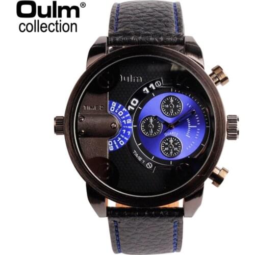 Hot Sale OULM 3130 Mens Watches High Quality Fashion Leather Strap 2 Time Zone Imported Japan Movt Quartz Casual Big Wrist Watch