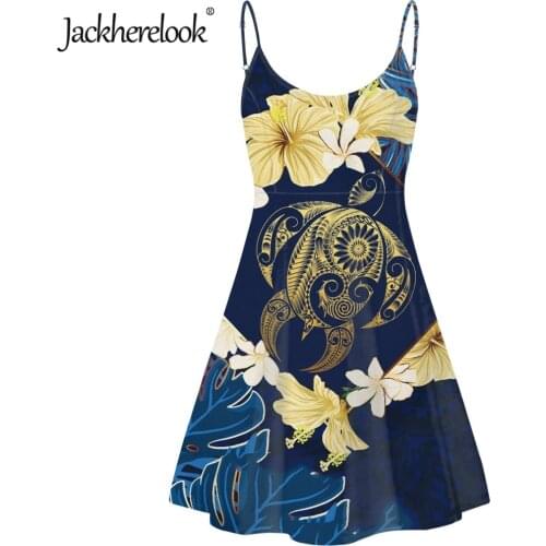 Jackherelook Spaghetti Strap Dress For Teen Girls Polynesian Hibiscus Turtle Print Women Sleeveless Backless Beach Sundress 2020