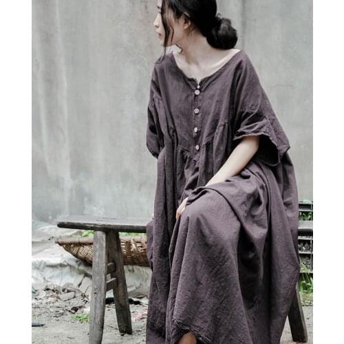 Women Plus Size Cotton Linen Summer Robes Dresses Female Loose Solid color Vintage Oversized Dress Ladies Cotton Flax Big Dress