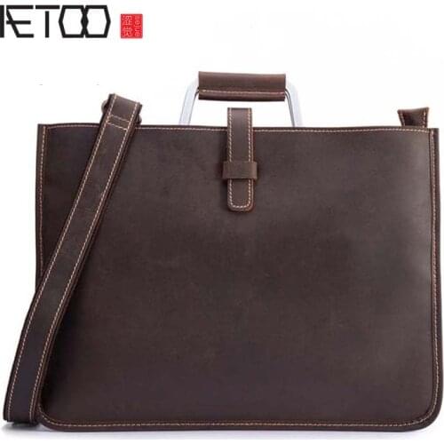 AETOO Genuine leather mens bag retro crazy horse leather mens handbag horizontal first layer cowhide business briefcase