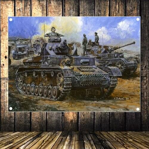 WW II Tank Battle Old Photo Retro Military Poster HD Canvas Print Art Flag Banner Mural Tapestry Wall Stickers Home Decoration E