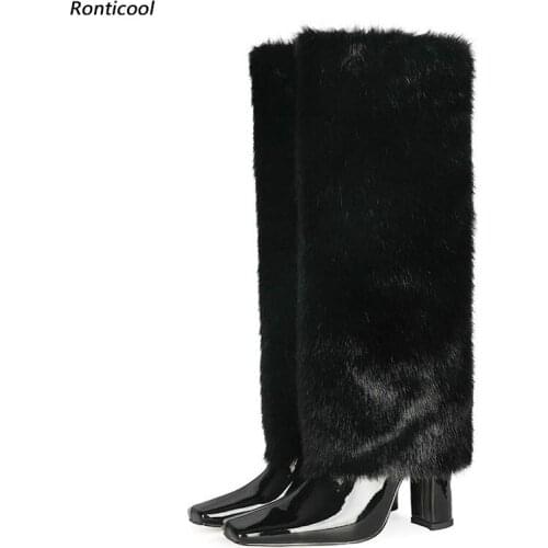 Ronticool New Arrival Women Winter Knee Boots Faux Fur Block Heel Square Toe Black Nude Party Shoes Plus US Size 5-13