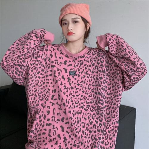2021 Autumn Y2K Pink Leopard Printed Womens Sweatshirts Street Oversize Long Sleeve Hoodies Plus Size Loose Female Clothing