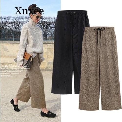 Winter Woolen Pleated Pants Women Elastic Waist Loose Pants Women For Autumn Black Wide Khaki Pants Ankle-Length Pants