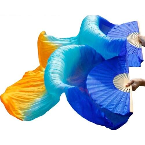 100% Real Silk 1pc Right hand+1pc Left hand 5 sizes Handmade Dyed Belly Dance Silk Fans Dance Props Royal blue+Turquoise+Orange
