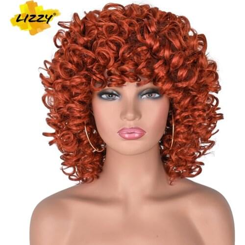12inch Short Kinky Curly Wig Afro American Wigs For Black Women Brown Mixed Blonde Synthetic Heat Resistant Wigs With Bangs