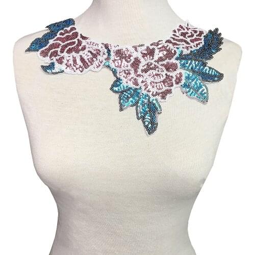 2pc Flower Sequin Collar Patch Neckline Beaded Applique Clothes Embroidery Patches For Clothing Parches Ropa Sew On AC1403