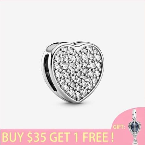 Authentic 2021 100% S925 Sterling Silver Beads Crystal Pave Heart Clip Charm fit Original Pandora Bracelets Women DIY Jewelry