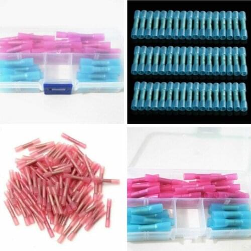 50 pcs/box Red + Blue Heat Shrink Connectors Insulated Soldering Terminal Butt Electrical Splice Wire Cable Crimp Connector