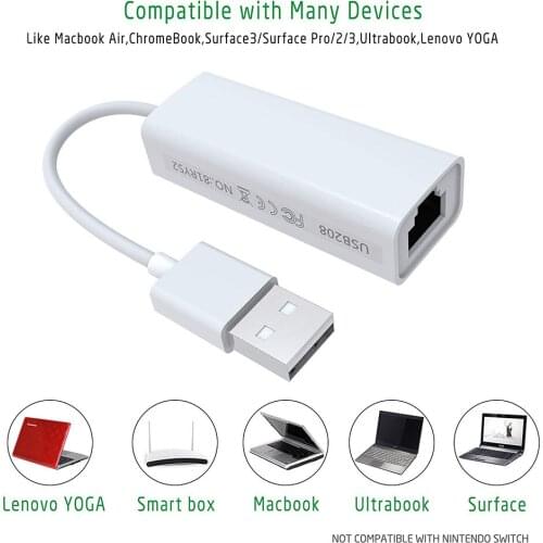 USB 2.0 To RJ45 Gigabit Ethernet Adapter, Full 10/100 Mbps LAN Network Adapter For Windows, Mac, Chromebook, Linux, Surface Pro
