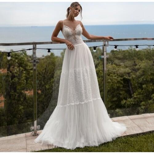 Eightree White Lace Wedding Dresses Princess V Neck Beach Boho Backless Dress With Bow Sleeveless Evening Prom Gowns Custom Size