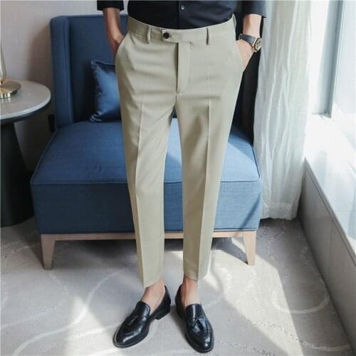 Summer Ice Silk Drape Men Dress Pants Solid Simple Ankle Length Slim Fit Business Formal Wear Office Trousers 36