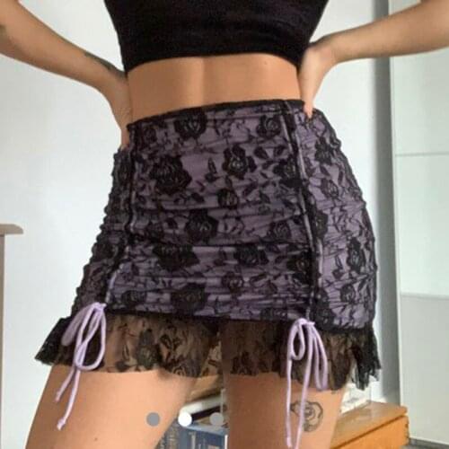 Womens new sexy lace stitching drawstring strap high waist short skirt skirt