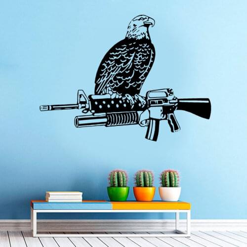 Home Decor Vinyl Decal Eagle Bird Sitting on Machine Gun Weapon Hawk Art Wall Sticker Room Shooting Training Poster Mural GU35