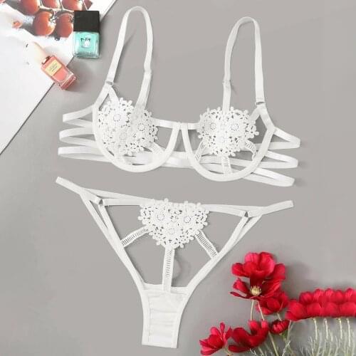 Exotic Underwear Set for Women Sex Lingerie Set Perspective Lace Bralette Open Bra+Thong Panties Sexy White-Lingerie