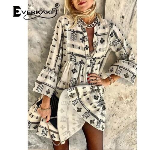 Everkaki Boho Floral Print Mini Dress Women Summer Beach Retro Vacation Plus Size Ladies Bohemia Short Dresses Female 2021 New