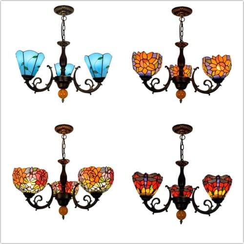 European retro Mediterranean creative Tiffany stained glass rose bedroom restaurant bar 3 heads chandelier lamps