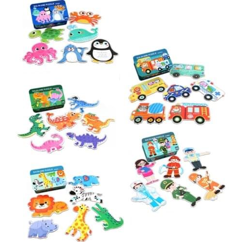 Montessori Puzzlebox Wooden Cartoon Puzzle Thicken Wood Early Learning Toy Tangram Kids 3+ Gift 6pieces Tin Box Packing