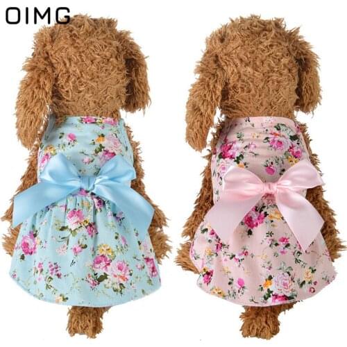 OIMG Small Floral Printed Dog Dress Summer Cotton Bowknot Dog Princess Dresses Pet Puppy Skirts Small Dog Clothes For Pomeranian