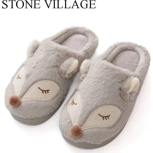STONE VILLAGE High Quality Cute Cartoon Animal Fox Women Slippers Shoes Winter Warm Plush Home Slippers Cotton Slippers 3 Colors
