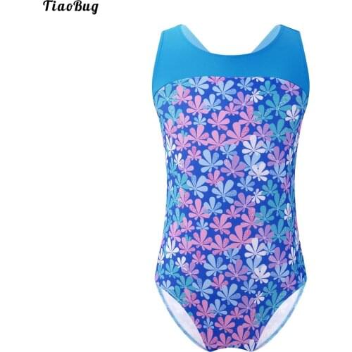 TiaoBug Summer Kids Girls One-Piece Print Dance Gymnastics Leotard Round Neck Sleeveless Bathing Beach Swimming Pool Swimsuit
