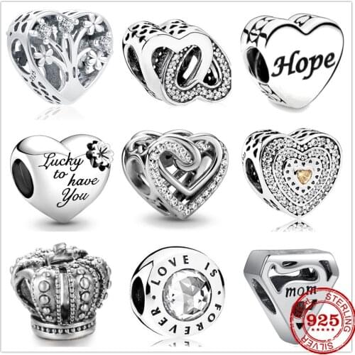 925 Sterling Silver Heart Sparkling Family Tree Mom Hope Flower Charms DIY fine Bead Fit Original Pandora Charm Bracelet Jewelry