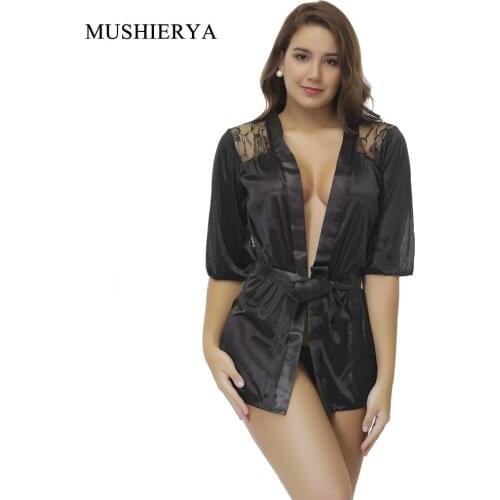 MUSHIERYA New Hot Sexy Lingerie Plus Size Satin Lace Black Kimono Intimate Sleepwear Robe Sexy Night Gown Women Erotic Underwear