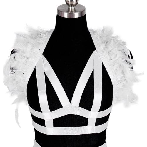 Natural Feather Sexy Lingerie Harness Bra Goth Harness Fashion Bdsm Body Belts Gothic Clothes Womens Underwear Stockings Garter