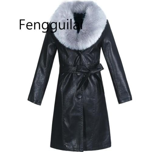2020 New Winter Faux Leather Coats Thick Women Fashion Slim PU Jackets Women Black Elegant Tie Belt Waist Pockets Buttons Coats