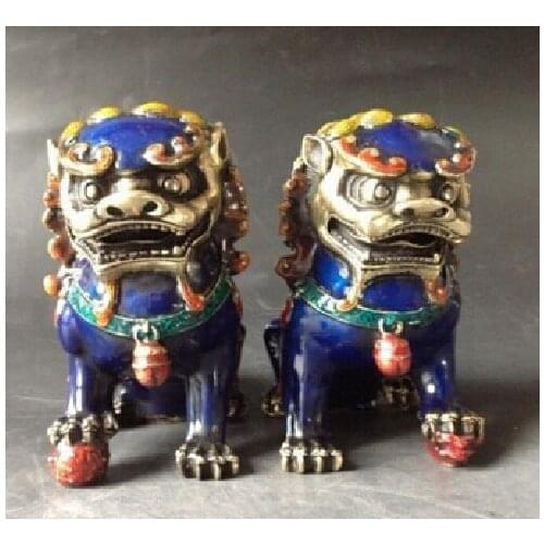 A Pair China Cloisonne Fengshui Guardian Fu Foo Dogs Lions Free Shipping H:12cm/item
