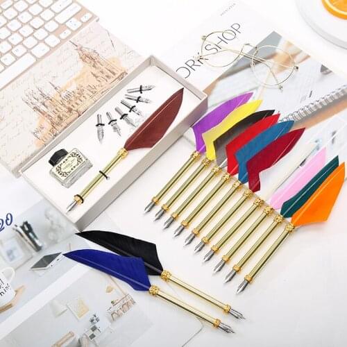 Vintage feather pen steel pen calligraphy gift box set dip pen