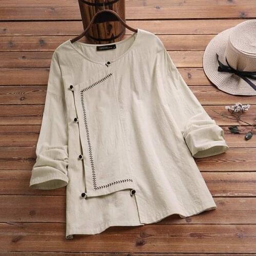 Women Cotton Blouse ZANZEA Vintage Spring Long Sleeve Casual Shirt Loose Tops Retro Buttons Blusas Plus Size Solid Chemise Tunic
