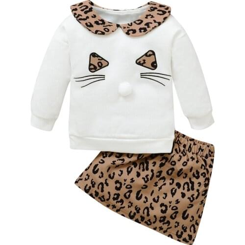 Children Leopard 2 Pcs Clothes Kids Winter Sweater Skirt Woollen Long Sleeve Cat Design Girls Clothes Knit A-Line Half Dresses