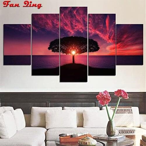 Diy Diamond Painting Seaside Tree Sunset Landscape Embroidery Full Rhinestone Cross Stitch Mosaic Handmade Gift
