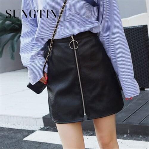 Sungtin Korean Casual Plus Size Faux Leather Mini Skirt Women A Line High Waist PU Skirt Bodycon Female Zipper Office Lady Skirt