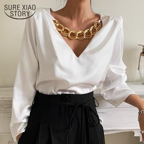 Loose Long Sleeve Fashion Women Shirts Streetwear 2021 New Solid V Neck Women Blouse and Tops Black White Female Clothing 13066