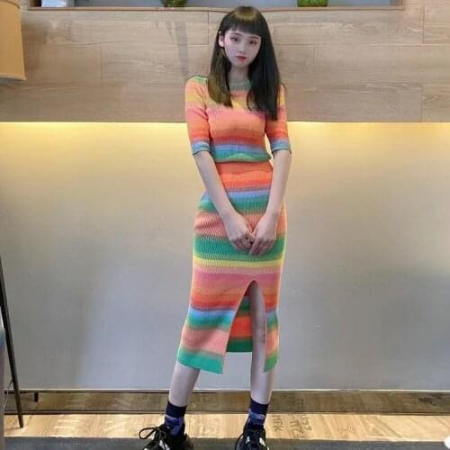 Rainbow Striped 2 Piece Set Women 2021 Summer Knitted Skirt and Top Set O-neck Half Sleeve Blouse + Split Front Midi Skirt Set