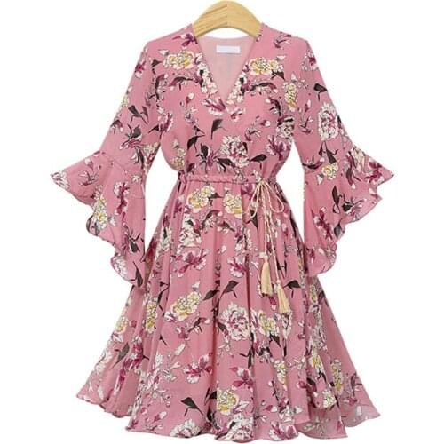 PERHAPS U Pink White Print Floral Flower V Neck 3/4 Flare Sleeve Chiffon Drawstring Mini Short Dress Summer Beach Ruffle D1113