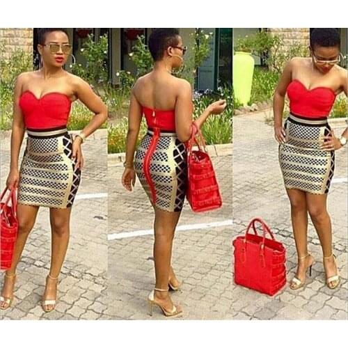 Top Quality Celebrity Strapless Red Yellow Gold Print Rayon Bandage Dress Bright Dress To Party