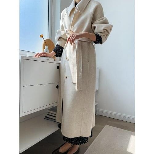 High-end pointed collar single-breasted raglan sleeves mid-length double-sided woolen coat jacket female Korean version 21 new