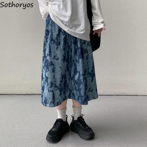 Women Mid-calf Skirts Tie Dye Fashionable Japan Style Students Harajuku Streetwear Retro A-line Draped High Street Hipsters Chic