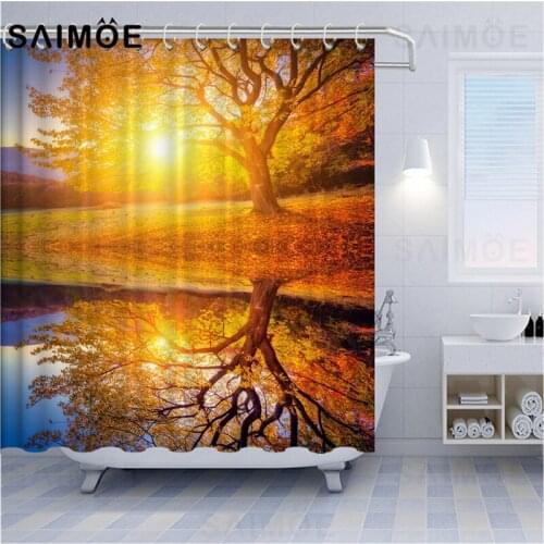 Forest Plant Shower Curtain Golden Sunset Scenery Curtain For Bath Autumn Forest Tree Bathroom Curtains Waterproof Fabric Yellow