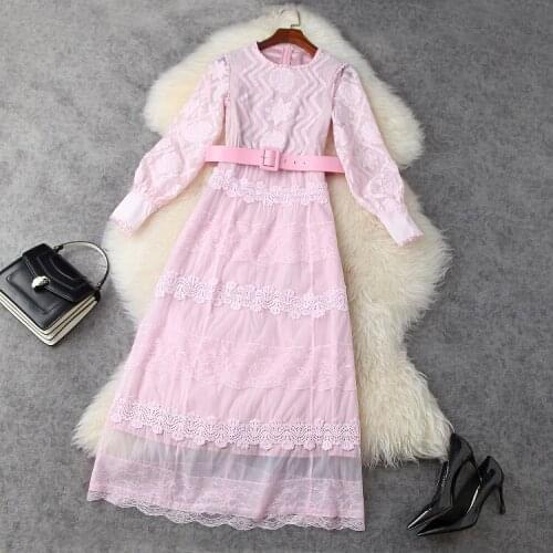 Womens European and American clothing new 2021 spring Long sleeve embroidery Fashion belt pink dress