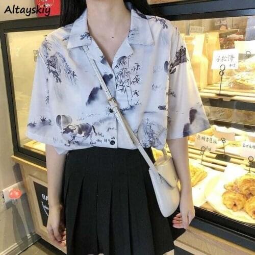 Shirts Women Printed Summer Short Sleeve Loose Ulzzang New Arrivals Retro Popular Tops Streetwear All-match Simple Female Casual