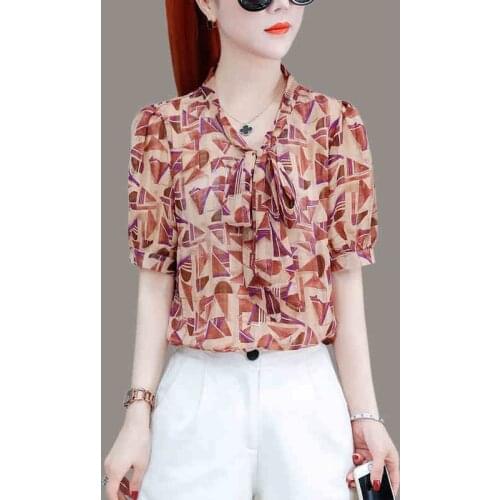 Women Spring Summer Style Chiffon Blouses Shirts Lady Casual Short Sleeve Bow Tie Collar Printed Blusas Tops ZZ0618